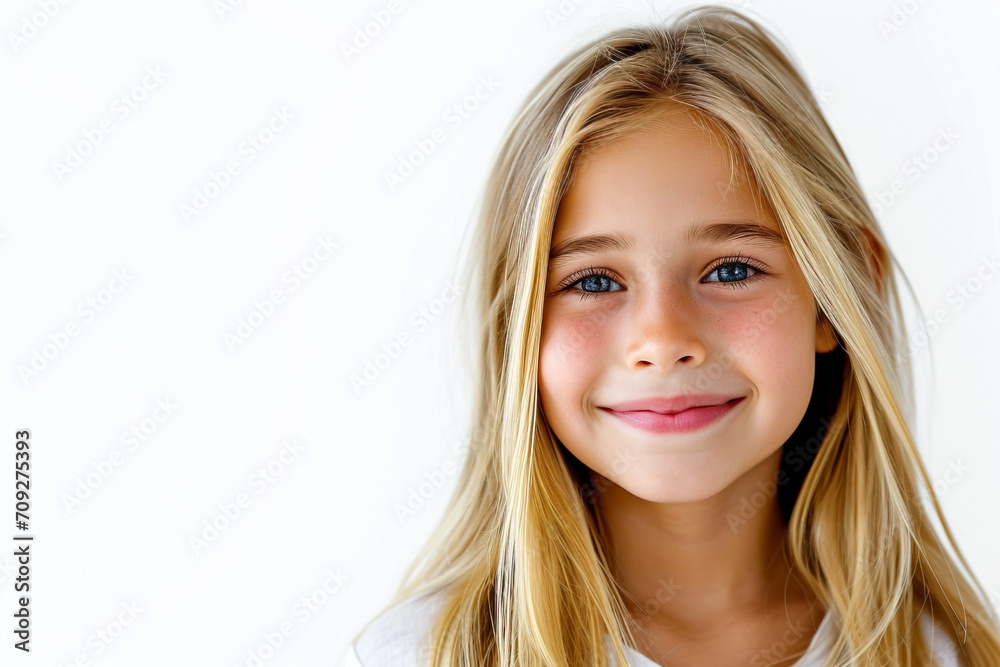 Portrait of a blonde girl, long straight blonde hair, beautiful smile, soft facial features, open look, close-up, cute girl. Isolated Over White Background Portrait of a blonde girl, long straight blonde hair, beautiful smile, soft facial features, open look, close-up, cute girl. Isolated Over White Background