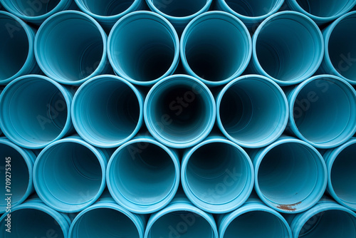 Many blue round plastic pipes for pipeline stacked together making a beautiful industrial background