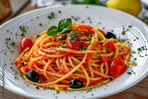 Pasta with tomato, caper, lemon and olives