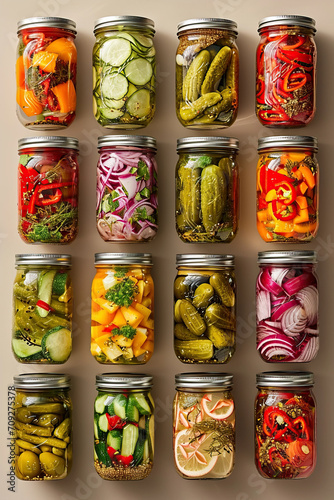 Pickles jars from above with assorted marinated vegetables arranged in order on beige background