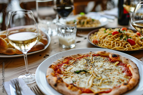 Pizza and pasta on a table in an Italian restaurant