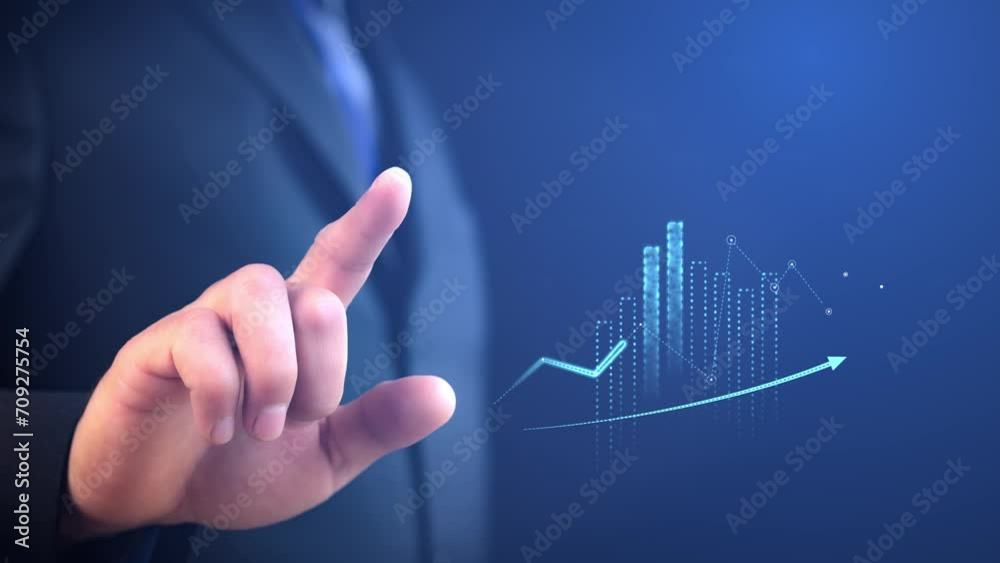 Growing graphs and charts on blue background with digital man with index finger raised. Collage with computer graphics