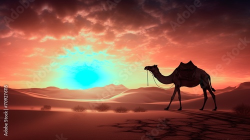 Camel silhouetted against a dramatic desert sunset  casting long  elegant shadows.