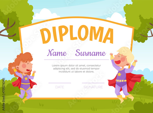 Cute Superhero Kids Wearing Cloak Diploma Vector Template