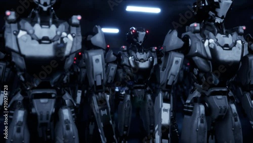 3d rendering of robotics army, industrial group of cyborg machines on factory background. Futuristic AI robotic team, artificial intelligence technology concept.