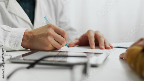 A young European man dressed as a doctor gives a paper document to a patient in a doctor's office. A clinic worker is giving a doctor a paper prescription to a patient, advanced diagnostic methods. photo