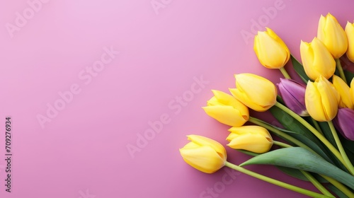 Floral and Elegant wallpaper with Yellow Tulips on a pink background and Copy Space. Mother's Day, Women's Day, Valentine's Day concept