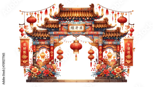 Watercolor traditional Chinese monumental arch with red lanterns and flowers isolated on transparent background. photo