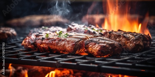 Delicious juicy barbeque meat being grilled on a grill with fire.