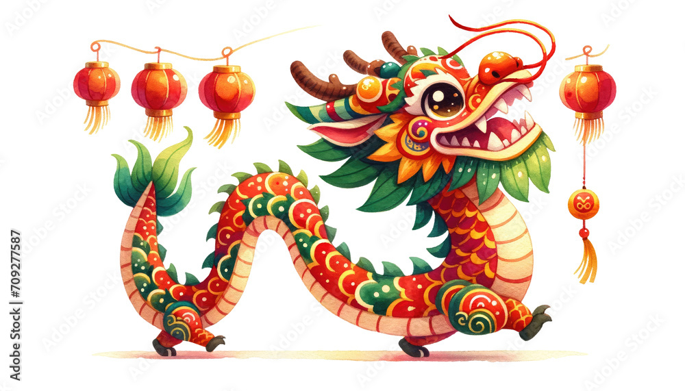 Watercolor Cute Chinese New Year Dragon isolated on transparent background. Year of the Dragon.