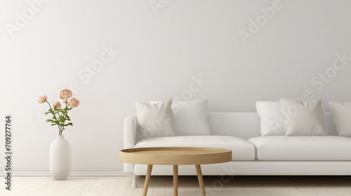 Scandinavian home interior design of modern living room. Round coffee table near blue sofa. Wooden shelf with home decor and houseplant against blue wall with copy space. Scandinavian home interior © Magdalena