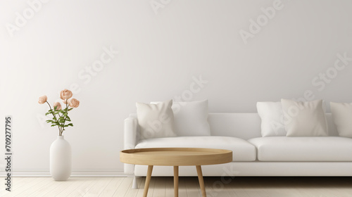Scandinavian home interior design of modern living room. Round coffee table near blue sofa. Wooden shelf with home decor and houseplant against blue wall with copy space. Scandinavian home interior photo