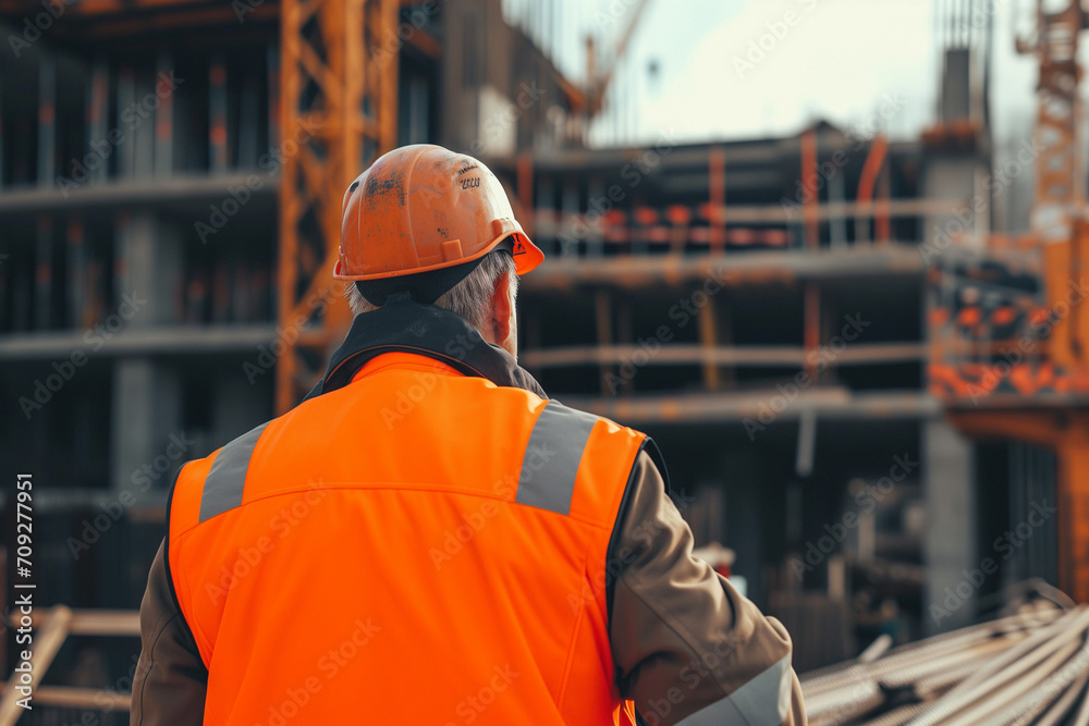 construction worker in a hard hat looking at project being built