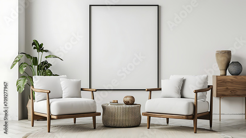 Two armchairs in room with white wall and big frame poster on it. Scandinavian style interior design of modern living room