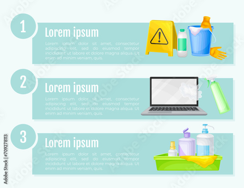 Disinfection Banner Design with Detergent Equipment Vector Template