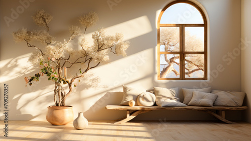 Tranquil Zen-Inspired Meditation Space with Autumnal Views, Minimalist Decor, and Natural Light - Home Serenity Design - AI Generated