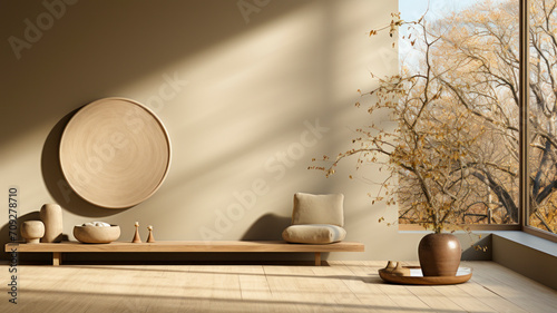 Tranquil Zen-Inspired Meditation Space with Autumnal Views, Minimalist Decor, and Natural Light - Home Serenity Design - AI Generated