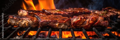 Delicious juicy barbeque meat being grilled on a grill with fire.
