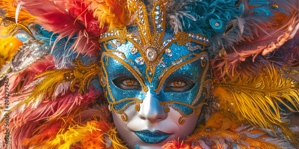 Carnival and mask. The face of a man in a beautiful Venetian mask with ornaments, feathers and gold sparkles at a masquerade or parade for a festival banner, background or poster.