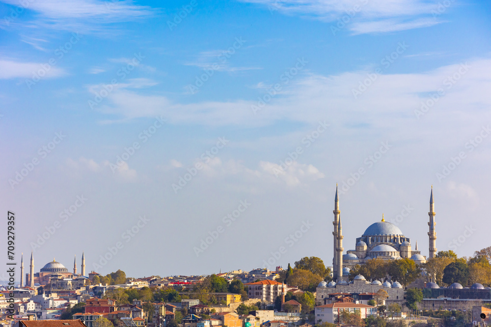 Naklejka premium Istanbul background photo. Hagia Sophia and Suleymaniye Mosque view