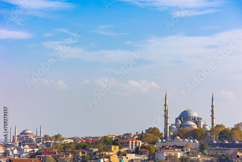 Istanbul background photo. Hagia Sophia and Suleymaniye Mosque view