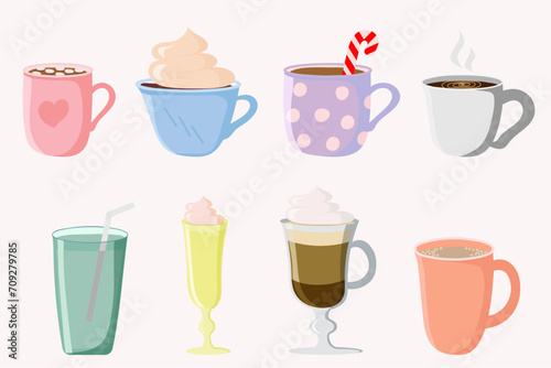 Wallpaper Mural Set of cups and drinks, different types of cups and glasses, vector design Torontodigital.ca