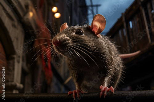 Wild rat in a dark alley. Night city in the background