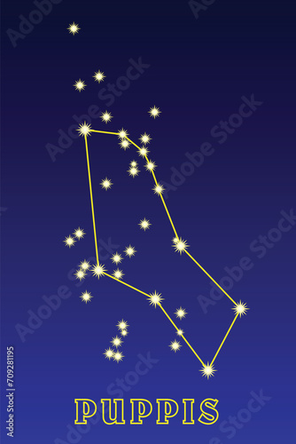 Constellation Puppis. Illustration of the constellation Korma. The constellation of the southern hemisphere of the celestial sphere lies in the Milky Way. It covers an area of ​ ​ 673.4 square degrees
