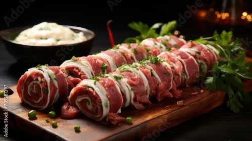 Rolls of bacon with onions and parsley on a wooden board