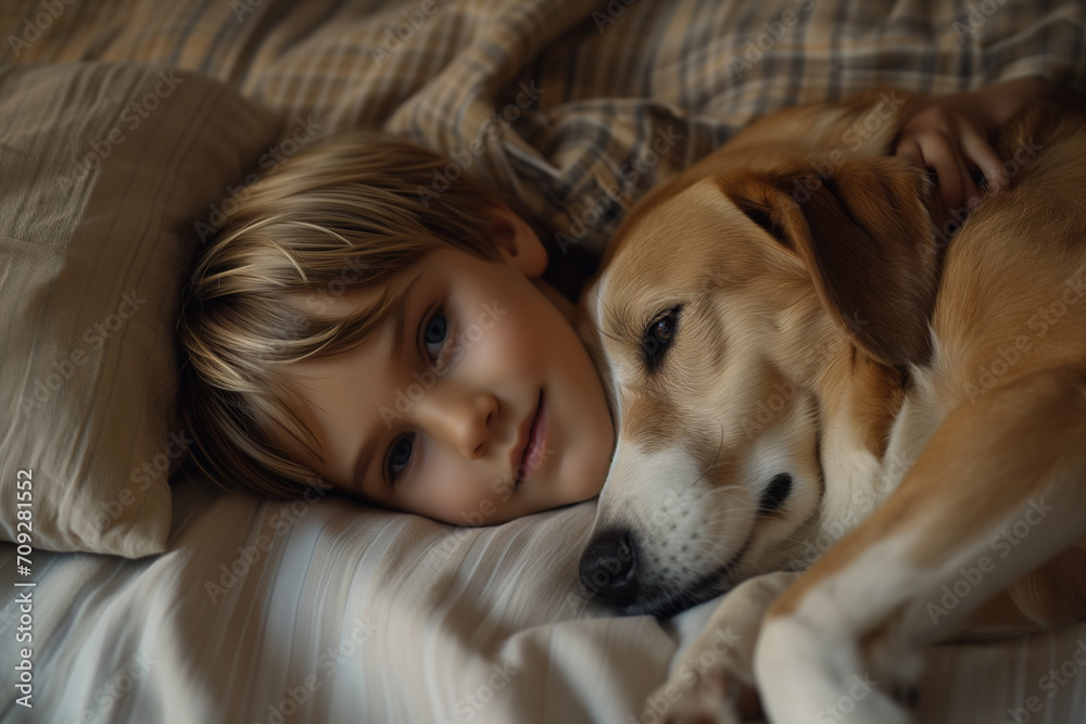 child with dog laying together child with dog laying together