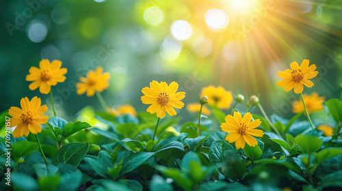 Spring Equinox Day Bokeh Banner Wild Flowers And Sun  Rays