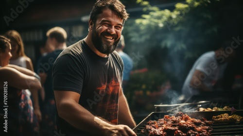 Bearded man is grilling meat on barbecue grill at summer party photo
