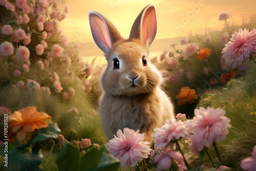 A tiny rabbit frolicking in a meadow adorned with vibrant spring flowers