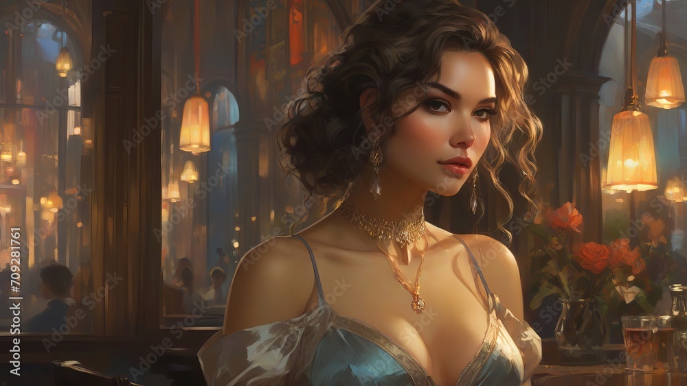 Elegant Woman in Evening Gown at Luxurious Bar with Ambient Lighting Elegant Woman in Evening Gown at Luxurious Bar with Ambient Lighting
