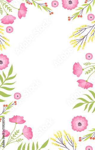 Floral frame with pink flowers and green leaves. Invitation or greeting card ...
