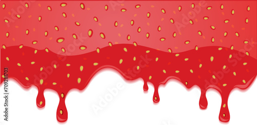 Strawberry jam drops. Strawberry bright liquid. Fruit banner. Summer theme in illustration. Sunny strawberry. Vector illustration for decor and packing. 