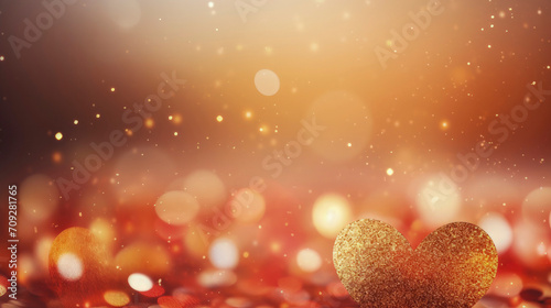 Festive burgundy background banner with one voluminous shiny golden heart with bokeh for Valentine's Day cards and greetings. Heart is used as design element. Concept love. Copy space