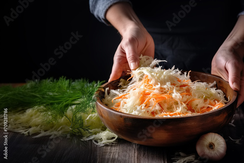 Woman preparing shredded cabbage and carrots to marinate, on dark wooden kitchen table. Preserving sauerkraut, shredded raw vegetables. photo