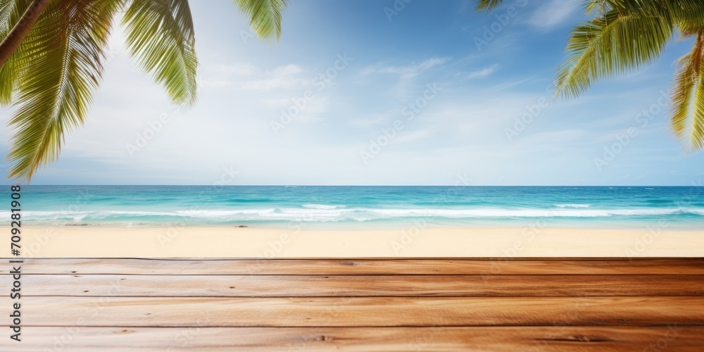Wooden table top for displaying products in front of stunning tropical beach.