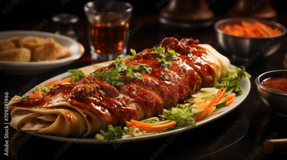 Chicken roll with sweet and sour sauce on a white plate in restaurant