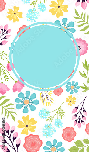 Floral frame with a variety of colorful flowers and leaves around a round emp...