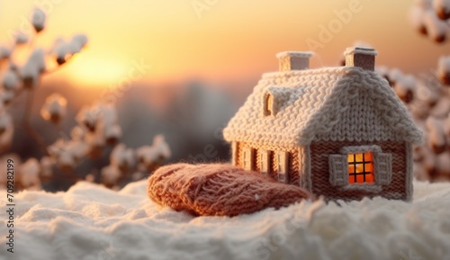 house in winter - heating system concept and cold snowy weather with model of a knitted house 