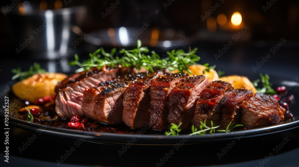 Grilled beef steak with rosemary and pomegranate seeds