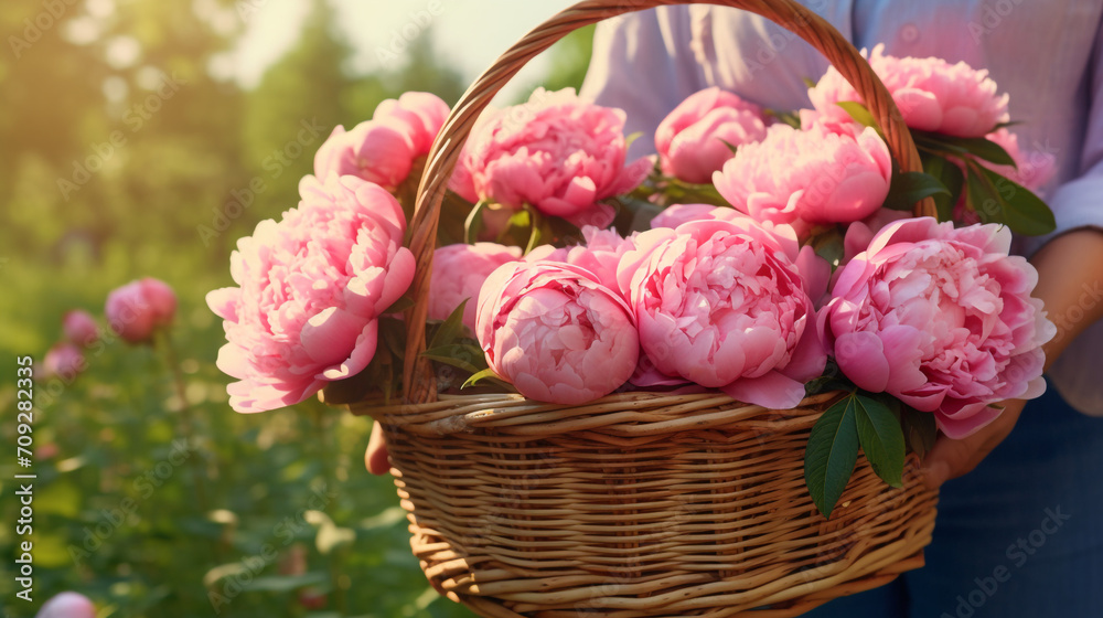 Obraz premium Wooden basket with hyper realistic beautiful king size pink blossoming peony flowers in the hands of a farmer created with Generative Ai
