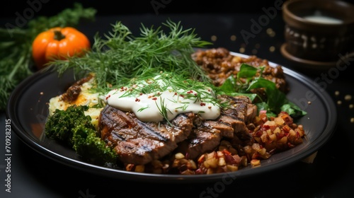 Grilled beef steak with vegetables on black plate, close-up