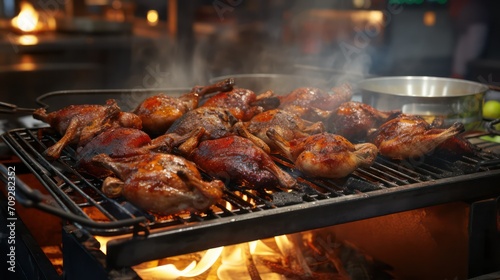 Grilled chicken on barbecue grill in night club, closeup view