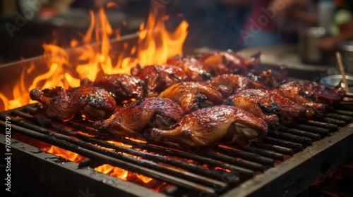 Grilled chicken on the grill with flames and smoke, closeup