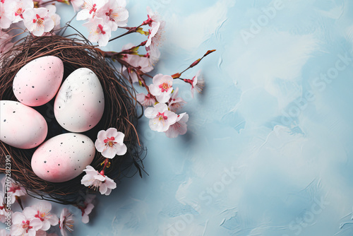 Happy Easter. Composition with beautiful Easter eggs. Stylish, delicate Easter template. Easter holiday concept. photo