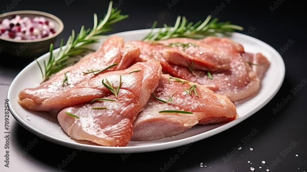 Raw chicken fillets on a white plate with rosemary and spices on a black background