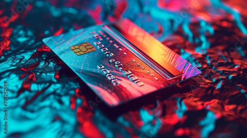 Bank card on vibrant holographic background 